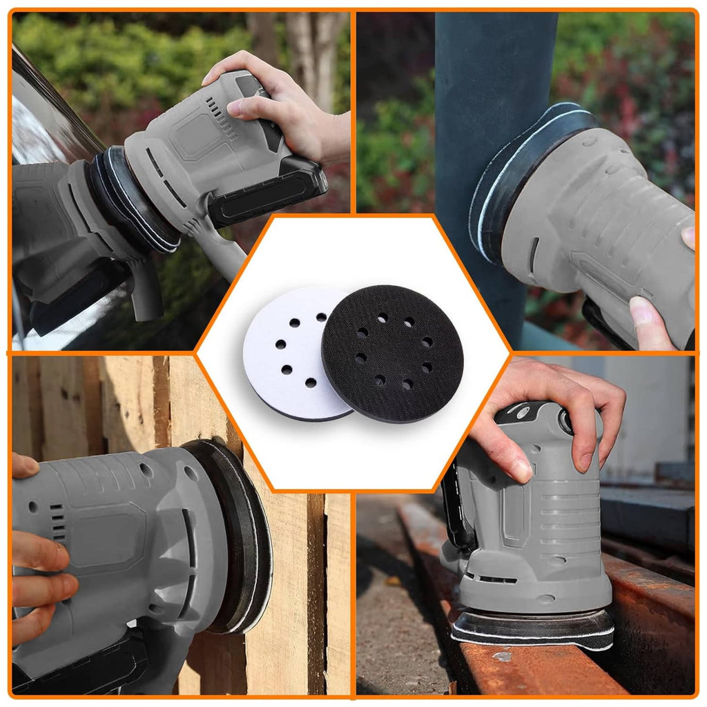 Orbital sander using interface pads with white and black 8-hole discs