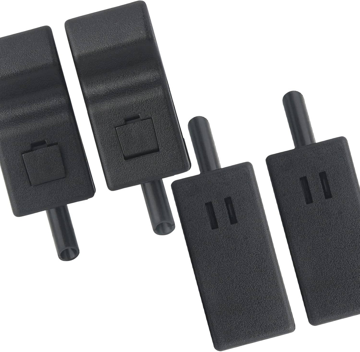 Door lock knob pair with stems and rectangular release tab details, close-up