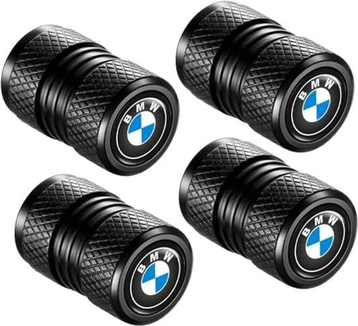 Four black textured tire valve stem caps with BMW logo medallions, angled