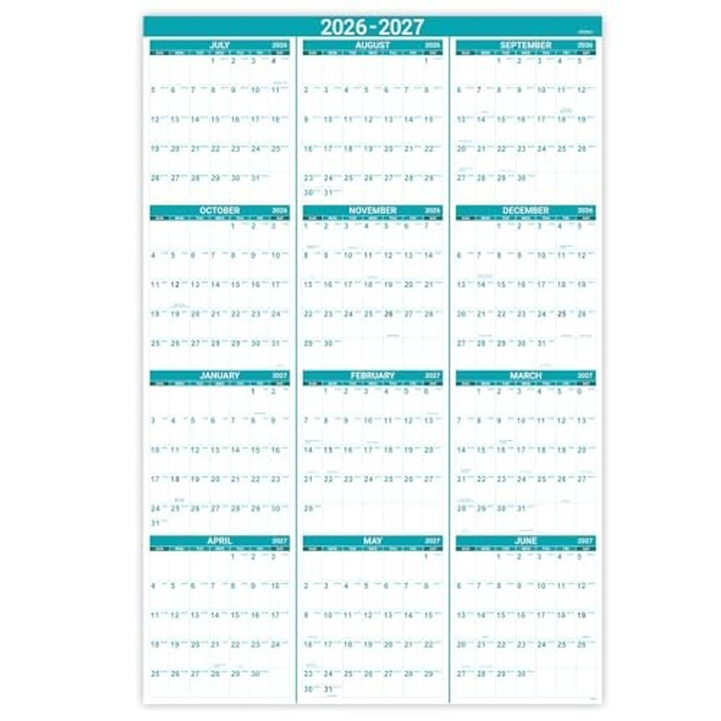 2026-2027 yearly wall calendar, full-page layout with teal header bars