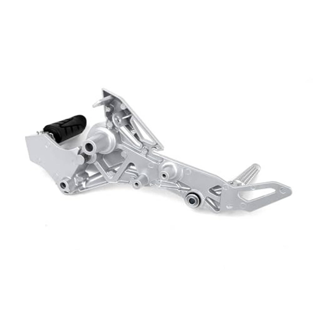 Silver right-side motorcycle footrest assembly with black rubber pedal, angled view