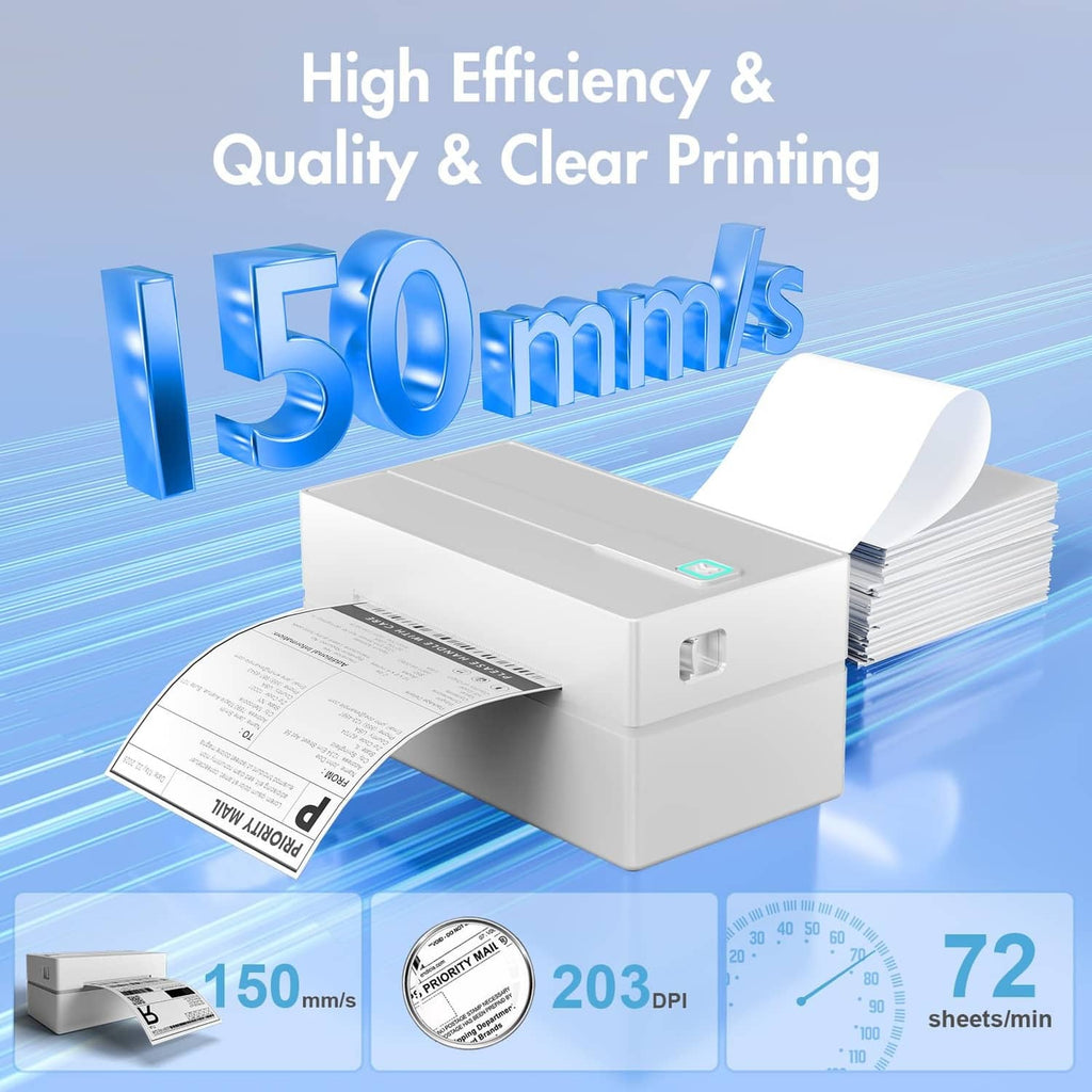 White thermal label printer with stacked labels and a printed 4x6 shipping label