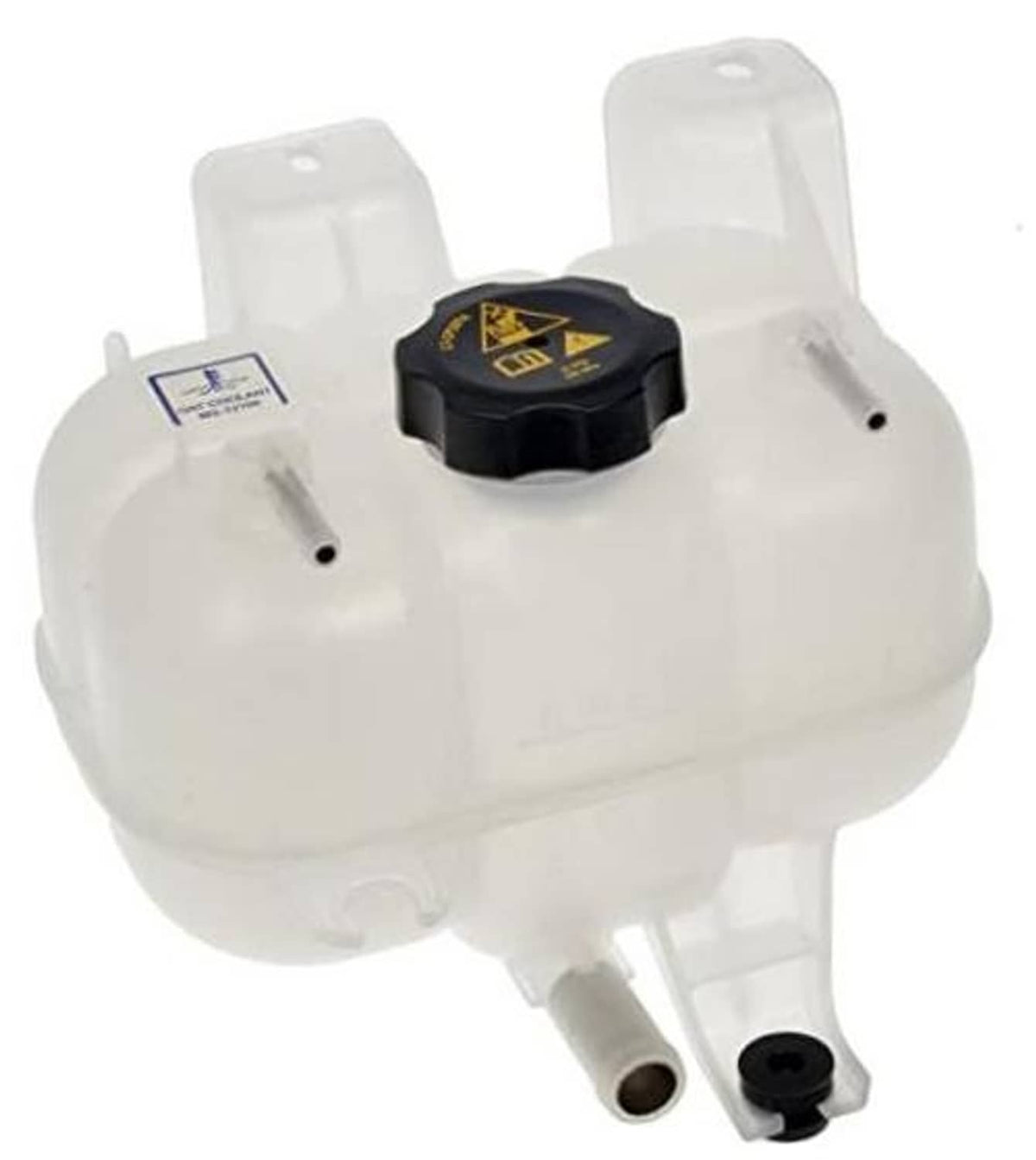Pressurized coolant reservoir with cap; translucent white tank and black top cover