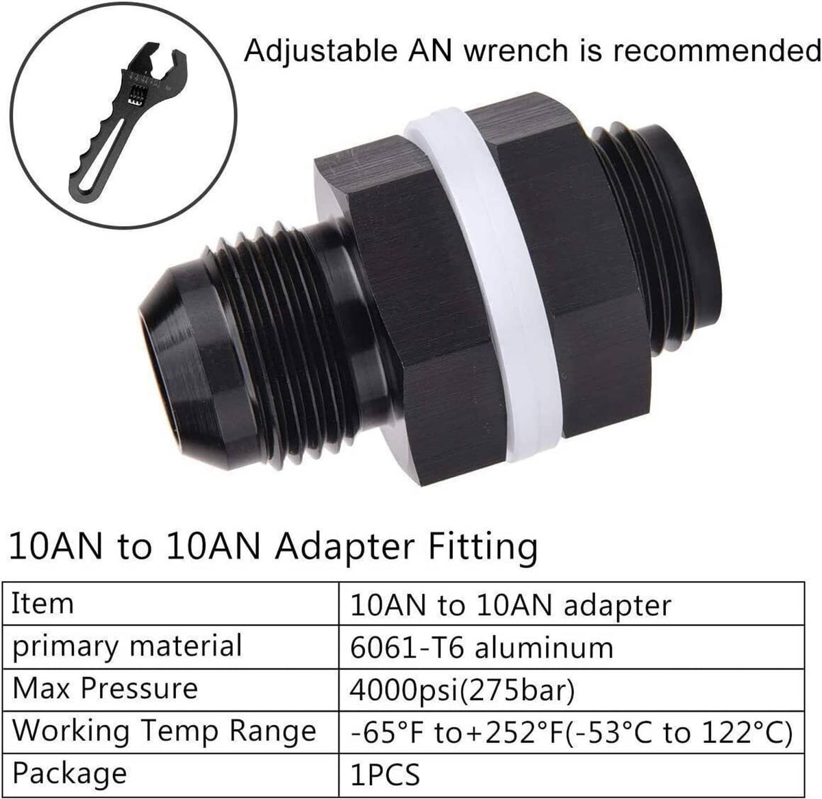 10AN to 10AN adapter fitting with black threaded end, PTFE sealing ring, hex nut