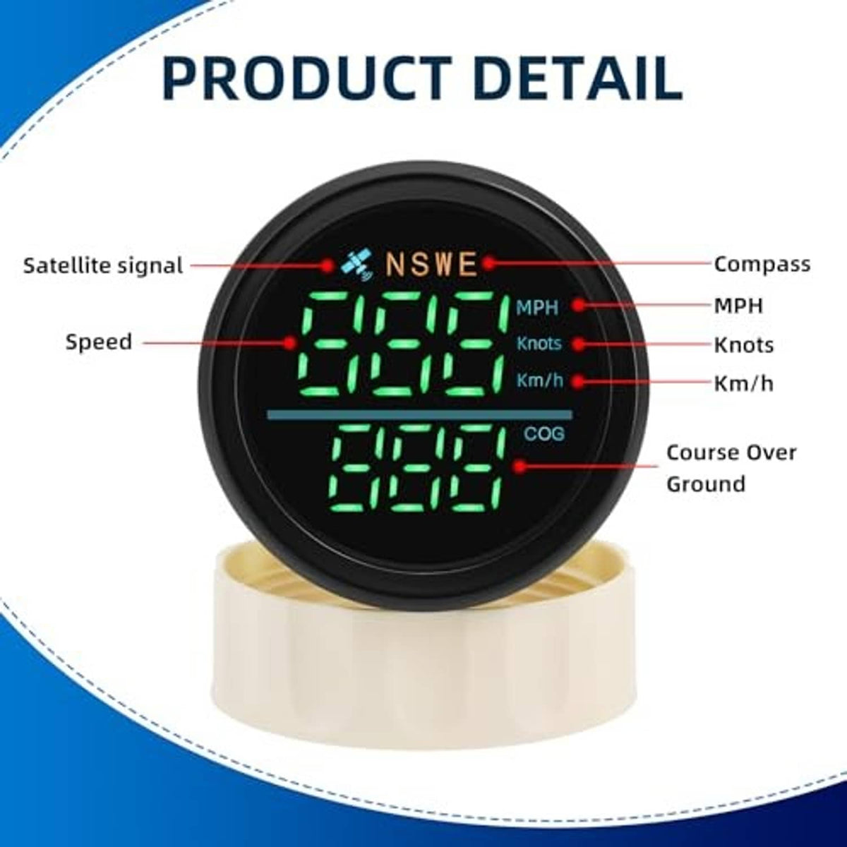 Round GPS speedometer gauge diagram showing NSWE compass, speed units, and COG/course-over-ground