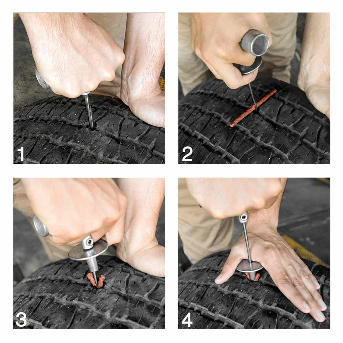Person inserting a tubeless tire repair plug into the tire tread with an applicator