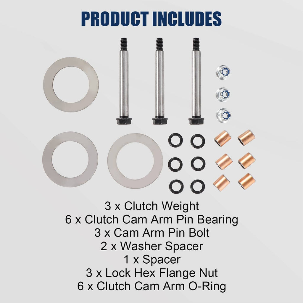 Clutch rebuild kit includes pins, washers, spacer, nuts, O-rings, and bronze sleeves