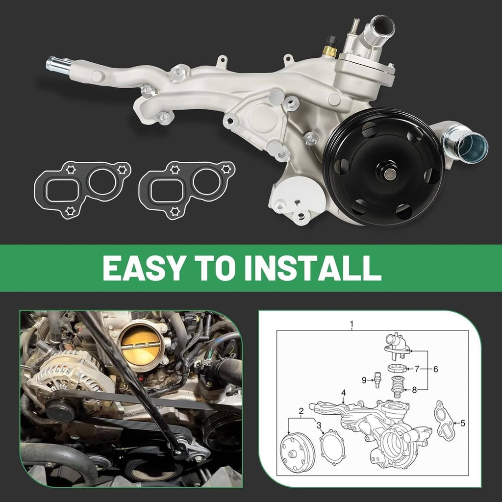 Water pump assembly with black pulley and silver housing, installation diagram included