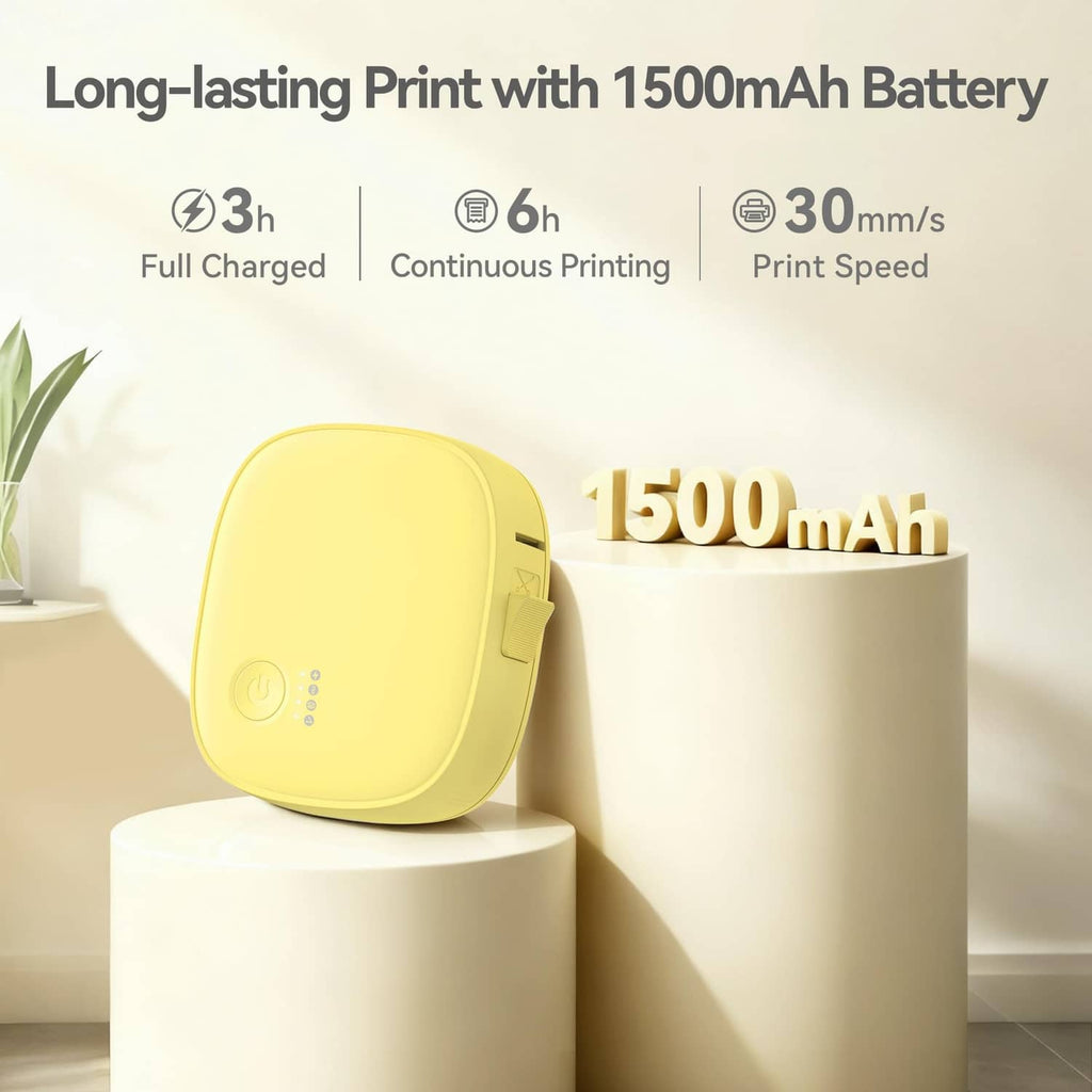 Yellow mini label maker with 1500mAh battery indicator