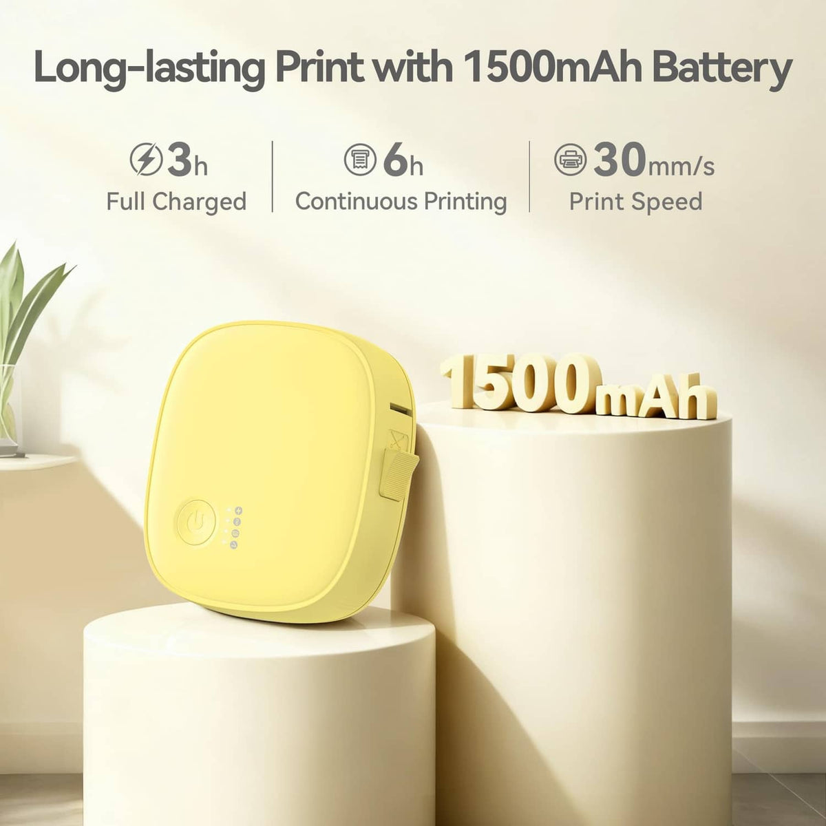 Yellow mini label maker with 1500mAh battery indicator