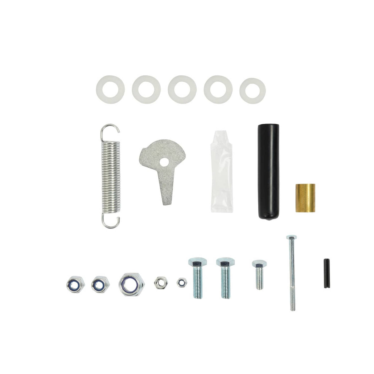 Mower discharge shield kit with plate, springs, pins, and mounting hardware