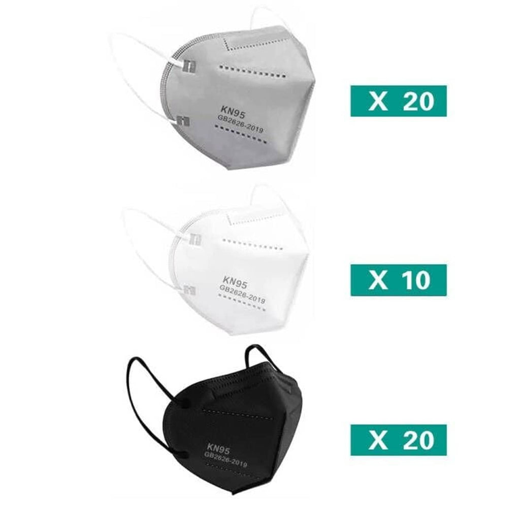 Assorted KN95 masks in gray, white, and black with ear loops and nose strip.