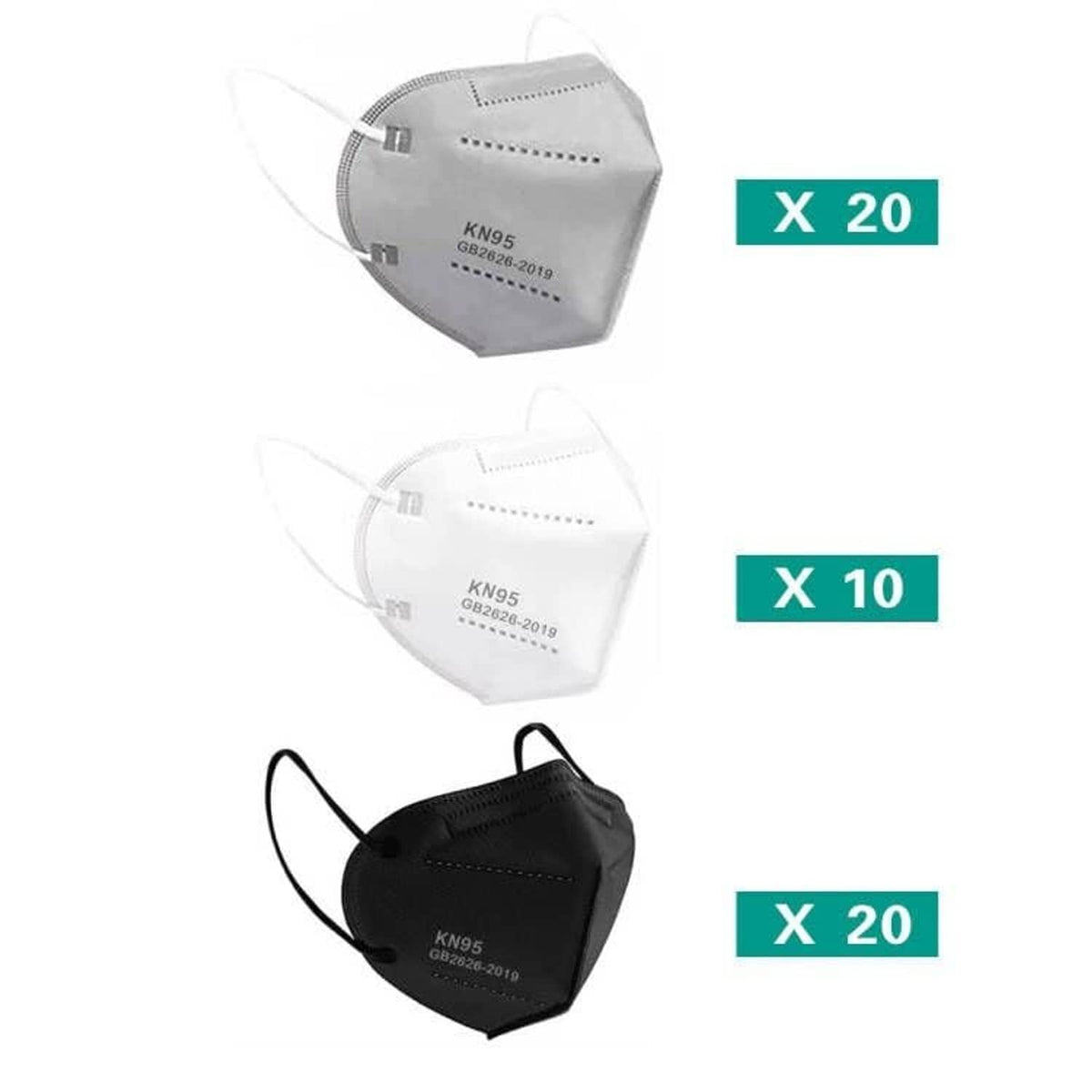 Assorted KN95 masks in gray, white, and black with ear loops and nose strip.