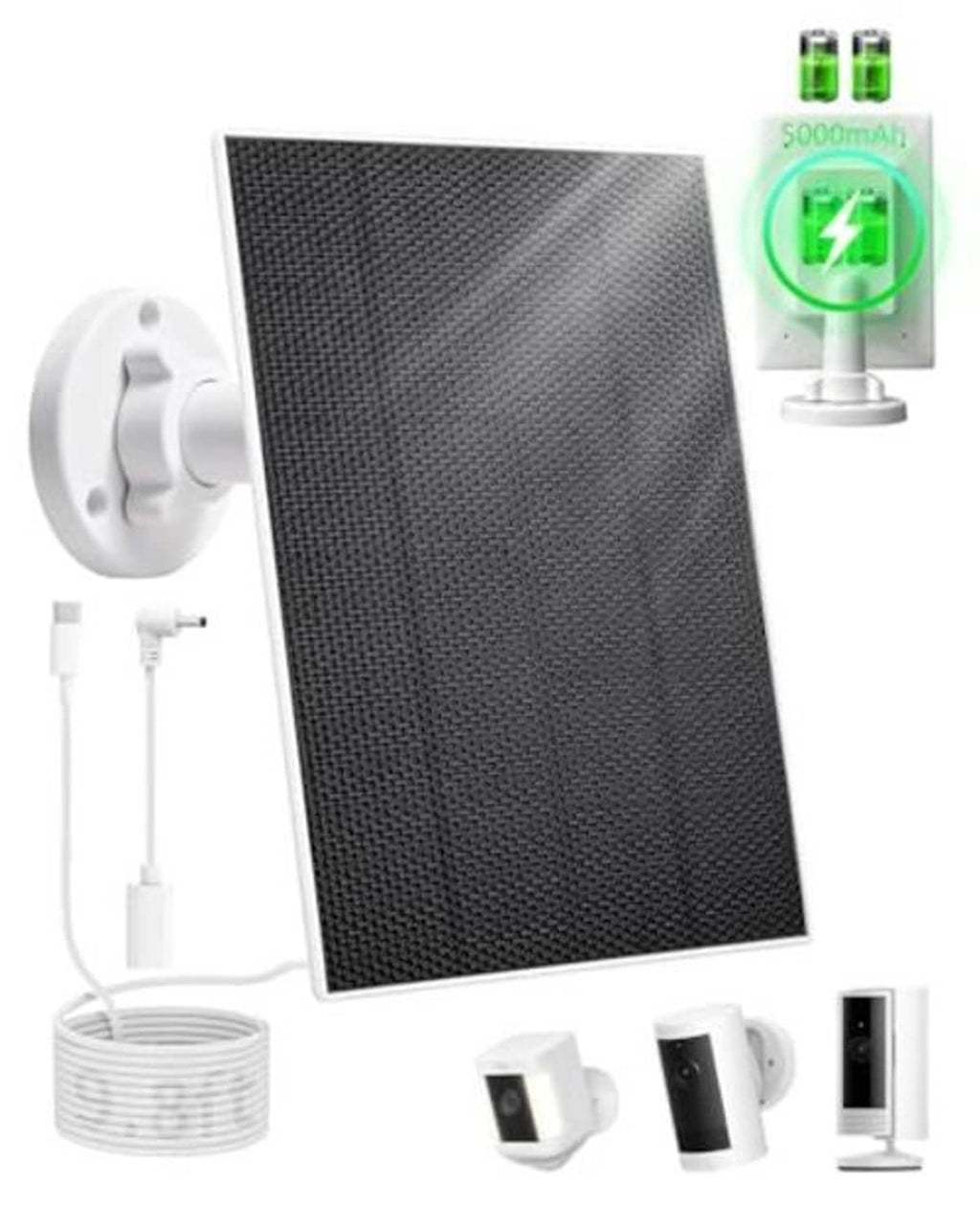 Solar panel charging kit showing wall mount, cable, and camera charging modules