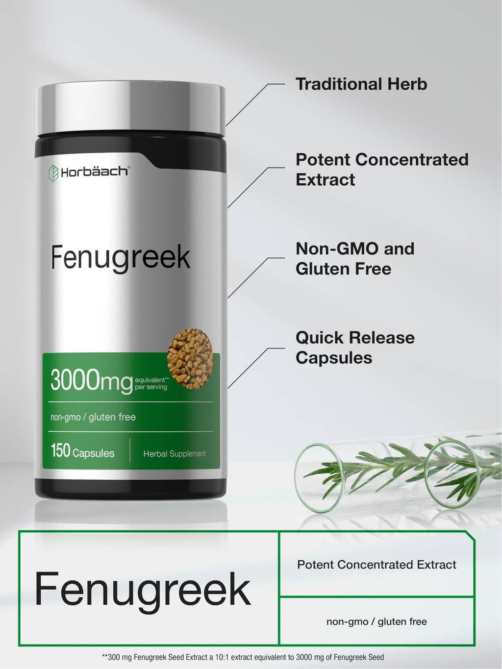 Fenugreek supplement bottle with quick release capsules, non-GMO, gluten-free