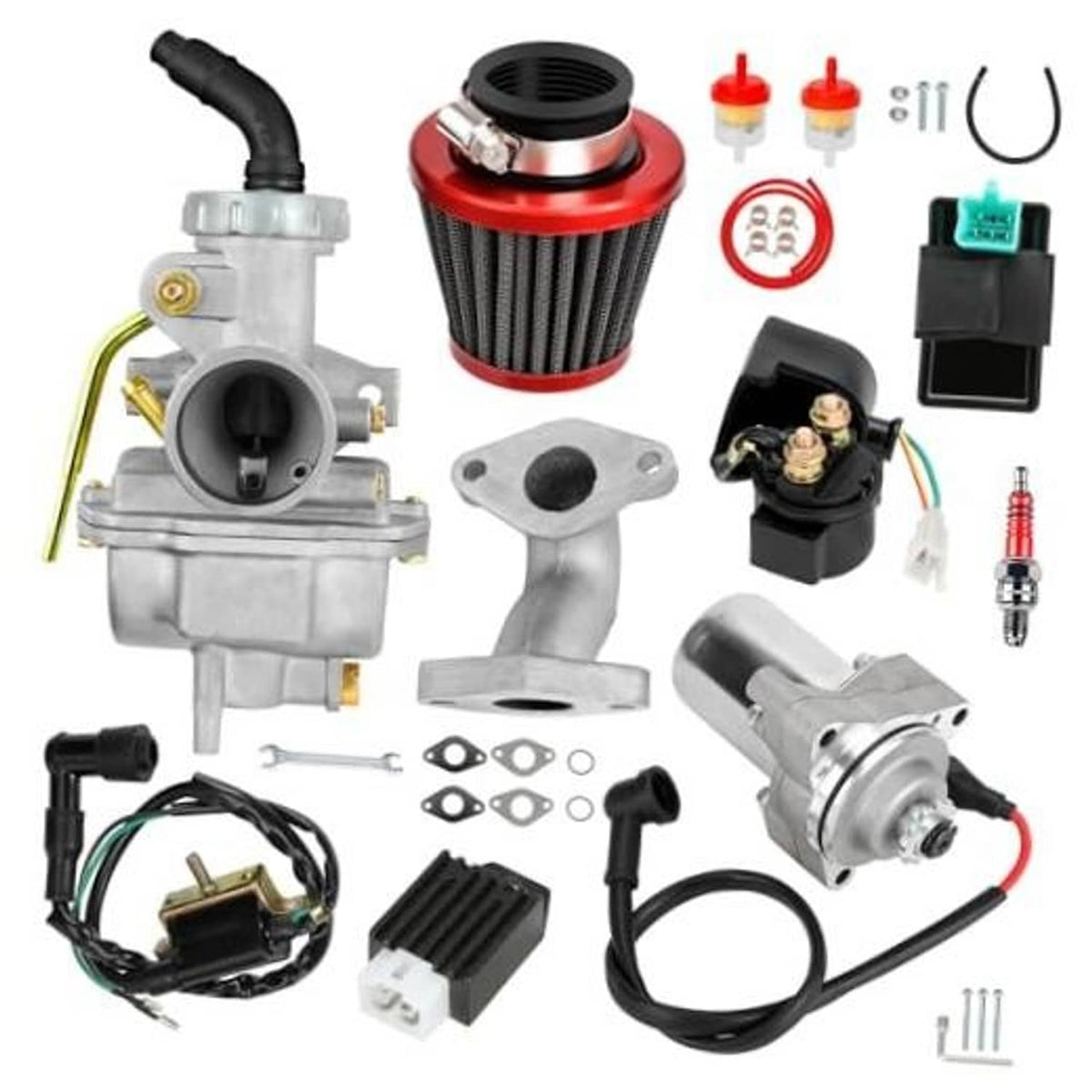 Carburetor and starter parts kit exploded view with air filter, solenoid, and wiring