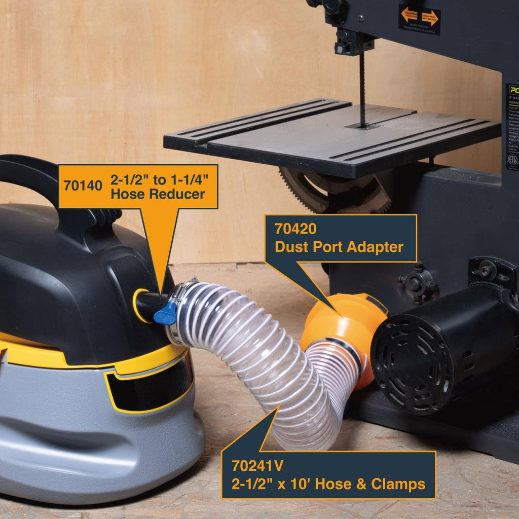 Vacuum dust port adapter with flexible hose connected to a shop vacuum