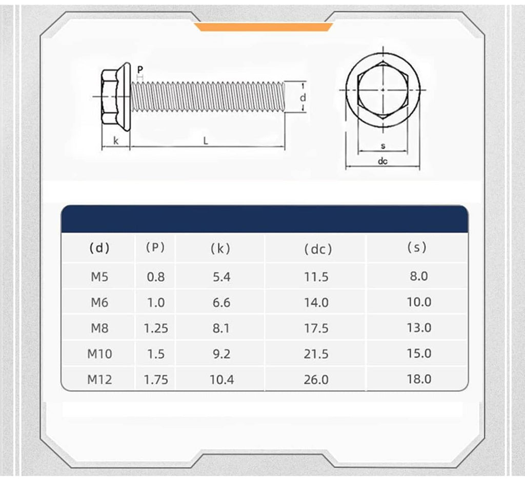 Metric flanged hex head bolt side view and dimension diagram with thread