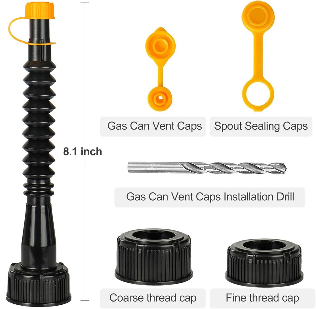 Gas can spout vent cap kit with black spout and yellow sealing caps