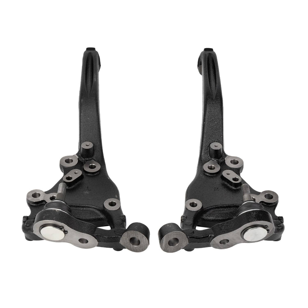 Pair of front steering knuckles with black arms and round hub bearing housings