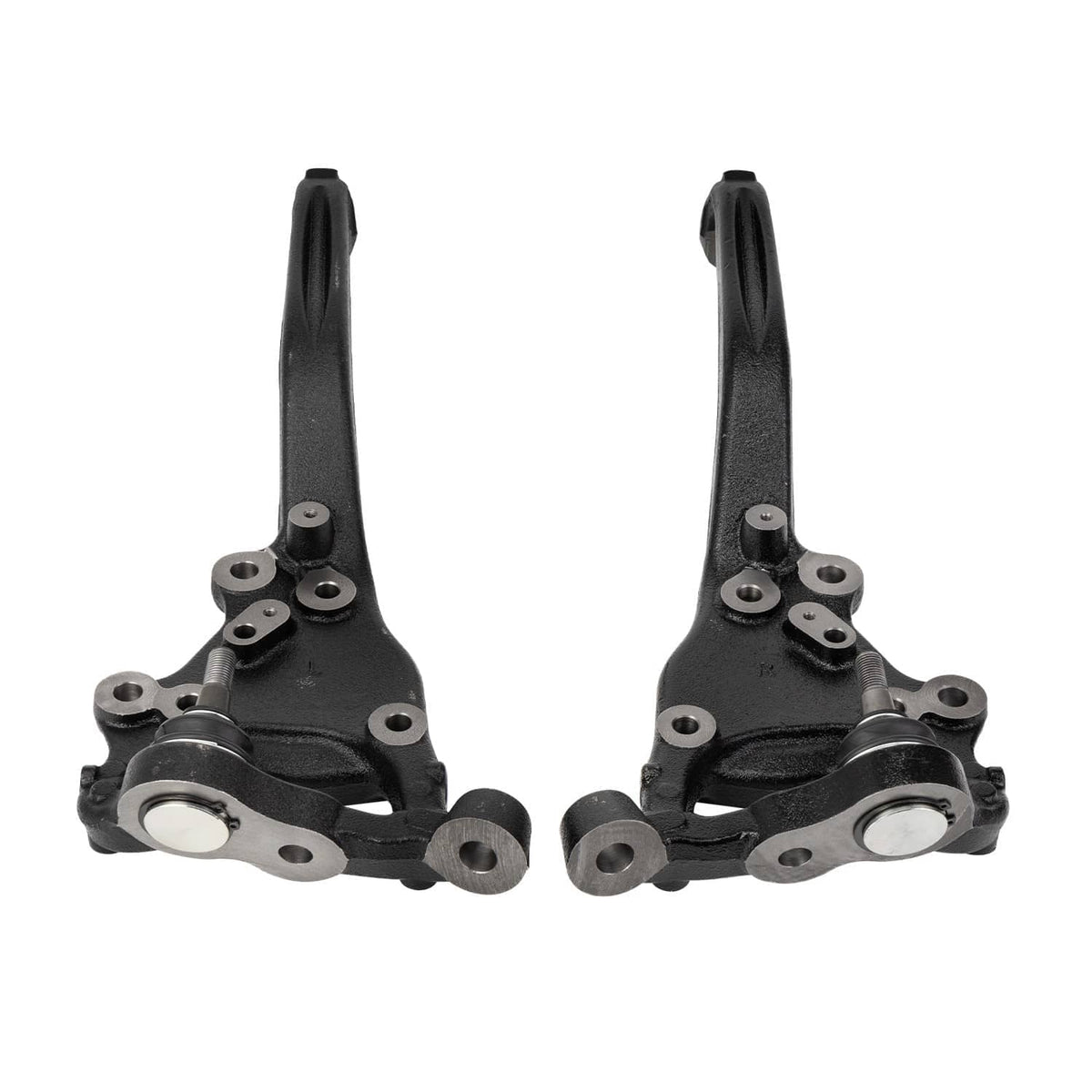 Pair of front steering knuckles with black arms and round hub bearing housings