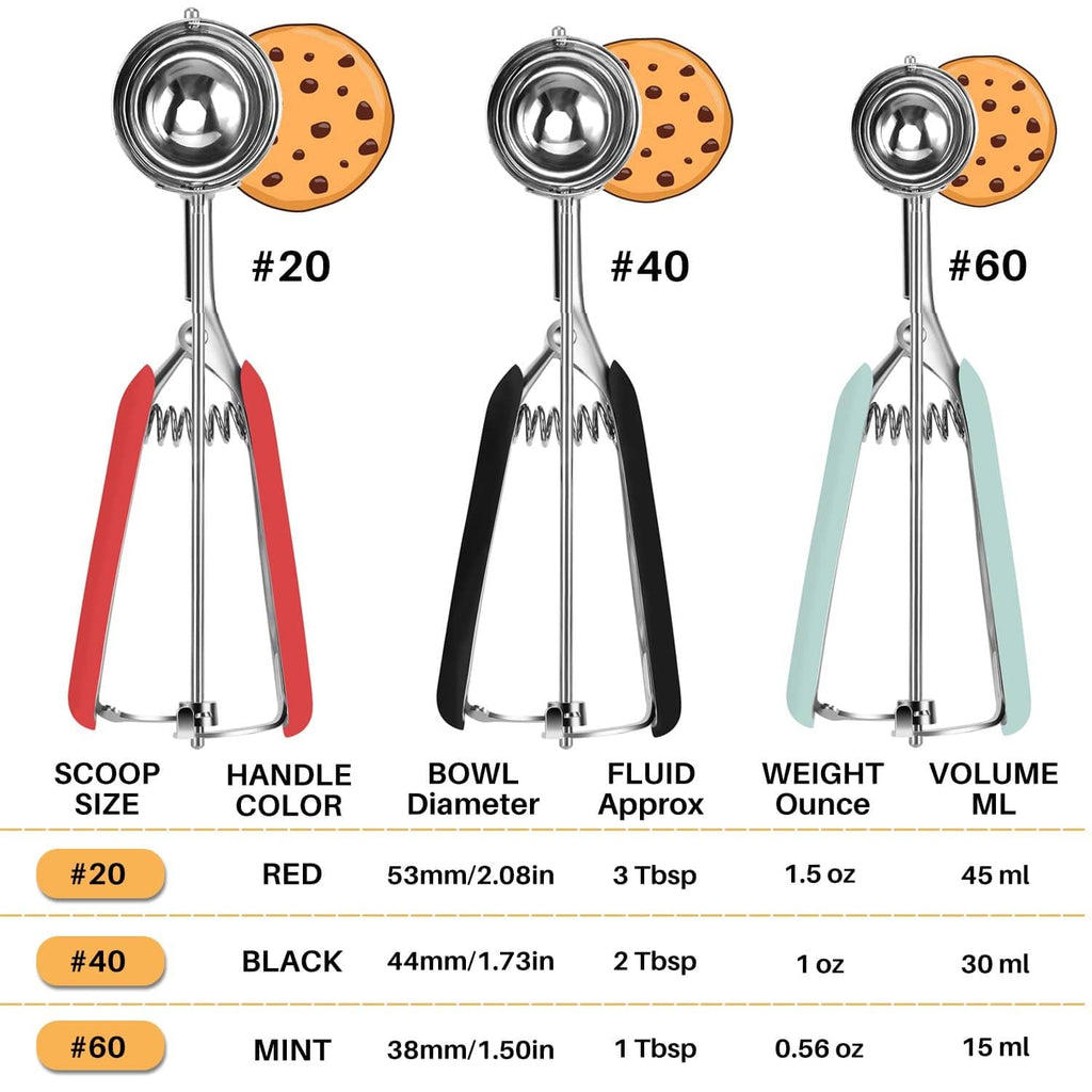 Three spring-action cookie scoops: #20 red, #40 black, #60 mint, with stainless bowls