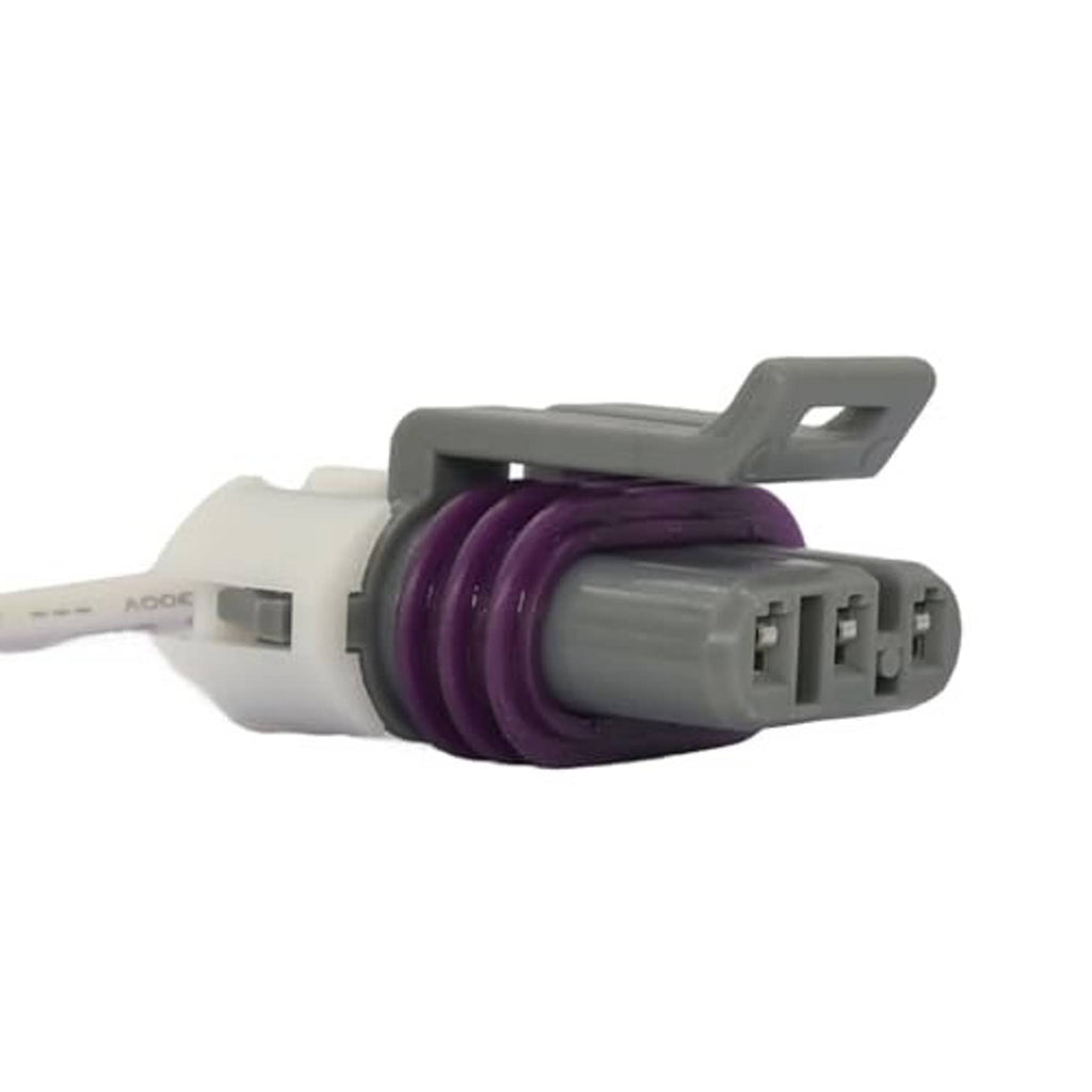 Close-up of 4-pin throttle sensor connector with purple cable sleeve and white housing