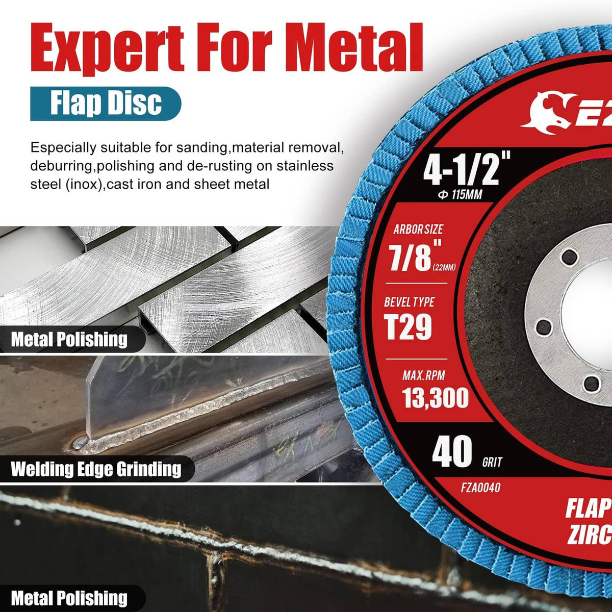 Blue 4-1/2 in flap disc on grinder for metal polishing and edge grinding, 40 grit