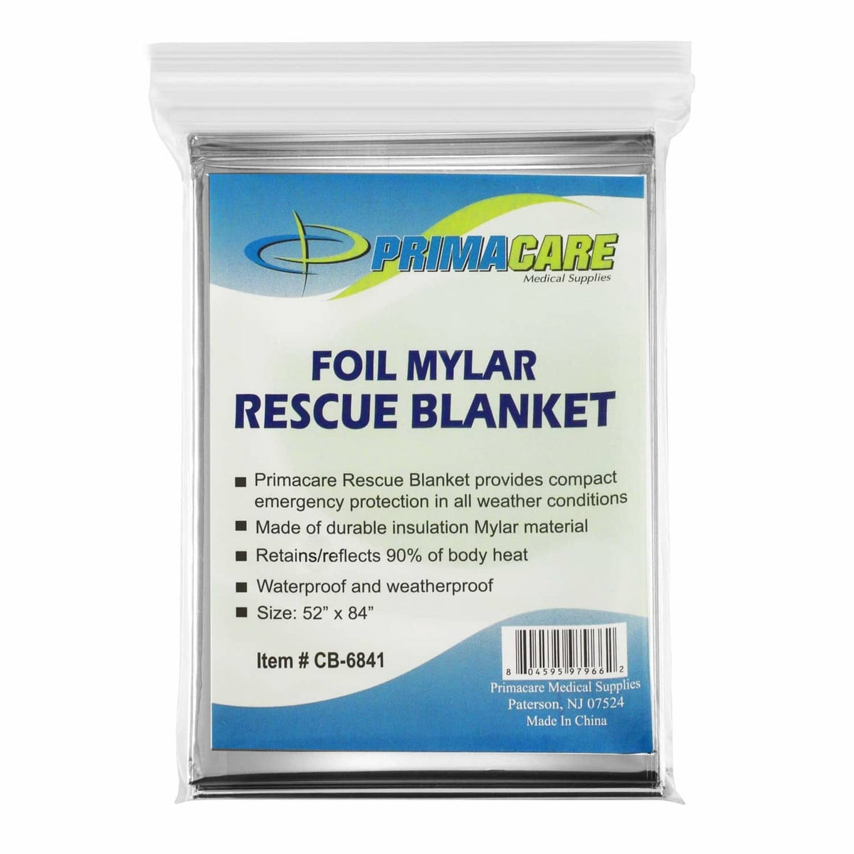 Silver foil mylar rescue blanket in sealed Primacare Medical Supplies pouch