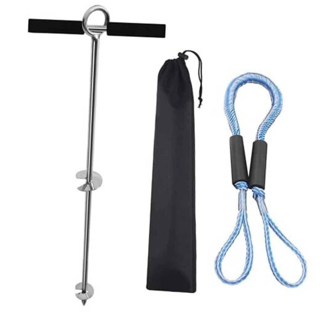 Stainless steel sand anchor screw with black cross bar, blue rope, and storage bag