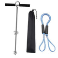 Stainless steel sand anchor screw with black cross bar, blue rope, and storage bag