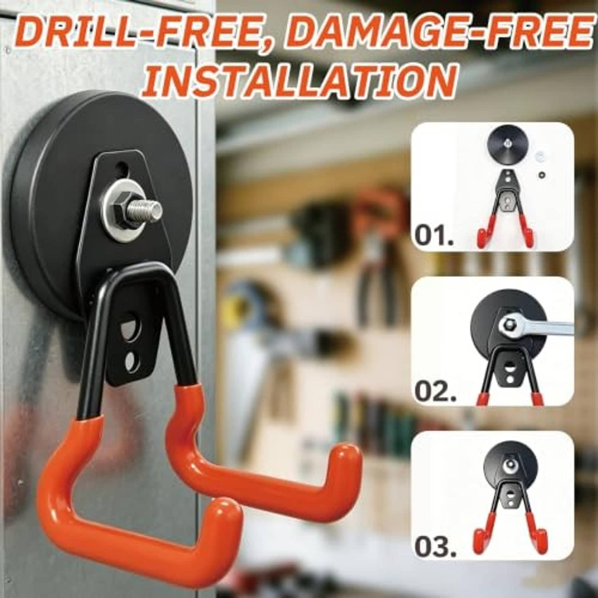 Magnetic hook with black magnet base and orange rubber arms shown during installation