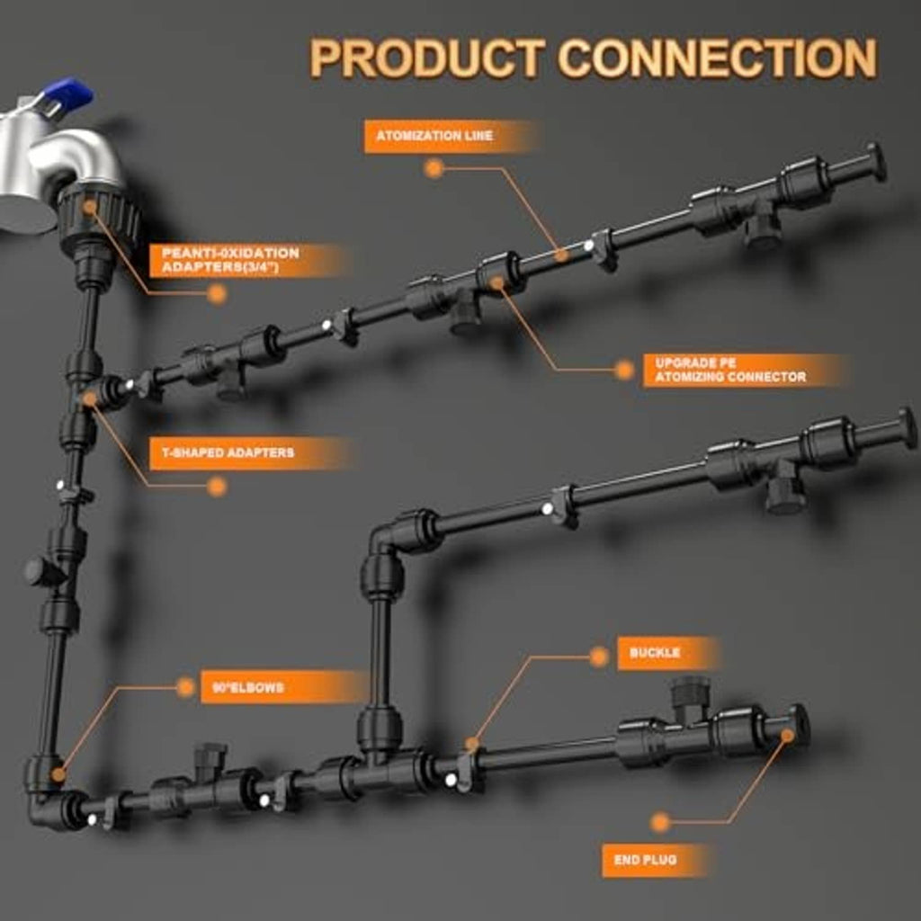 Misting system connection hose with T-shaped adapters, buckle, and end plug