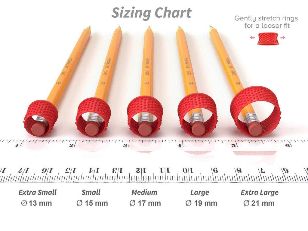 Red finger tip grip rings on pencils, sizing chart showing medium fit