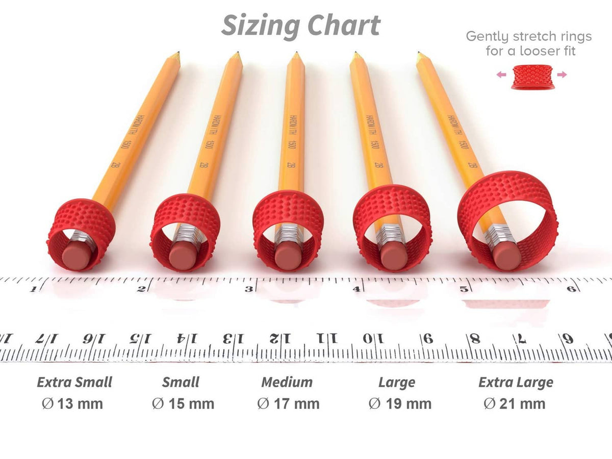 Red finger tip grip rings on pencils, sizing chart showing medium fit