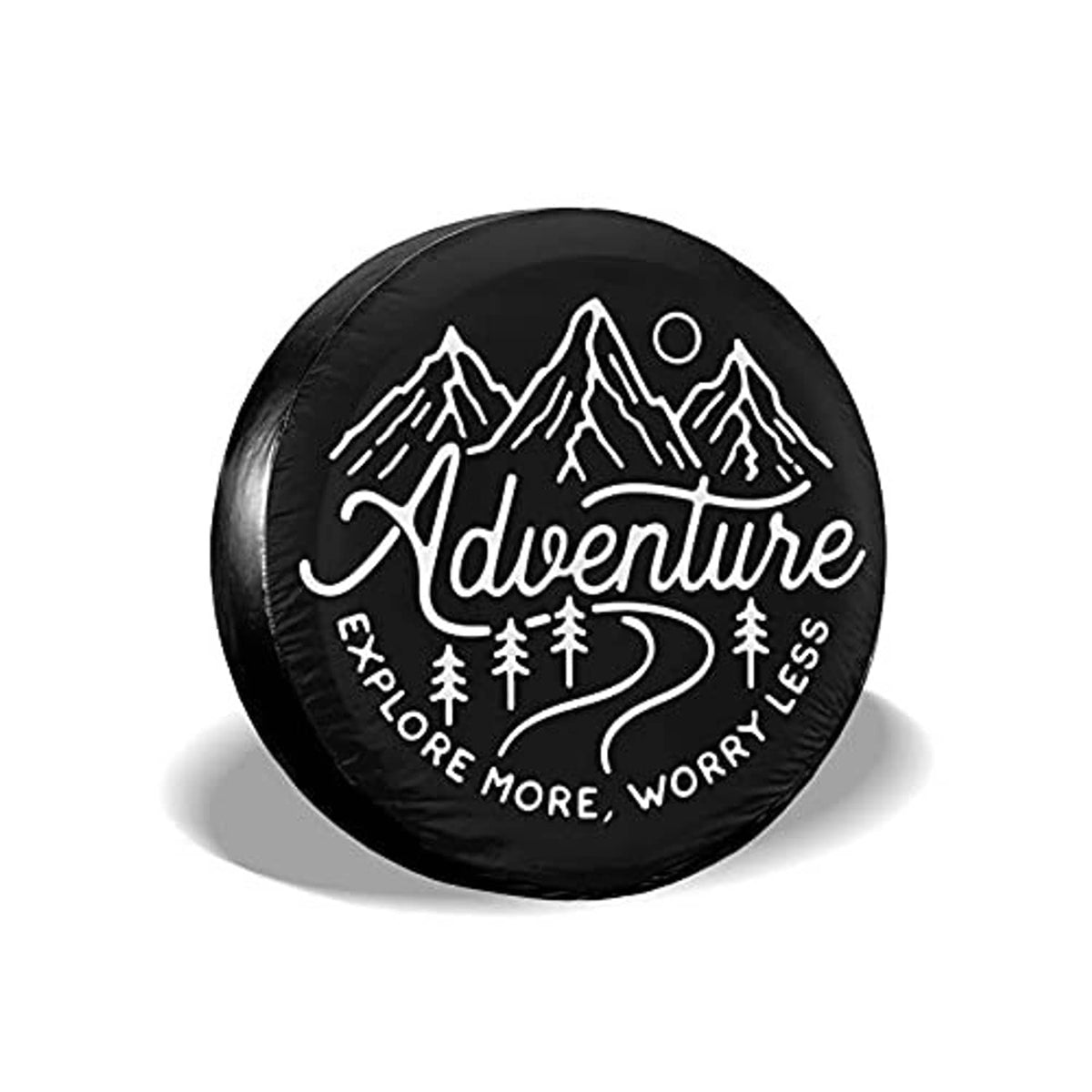 Black RV tire cover with Adventure mountain logo, front view round design