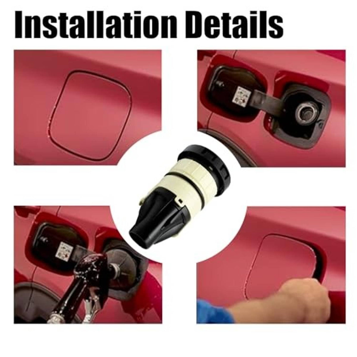 Fuel tank cap without cover, black-and-beige cap shown during installation
