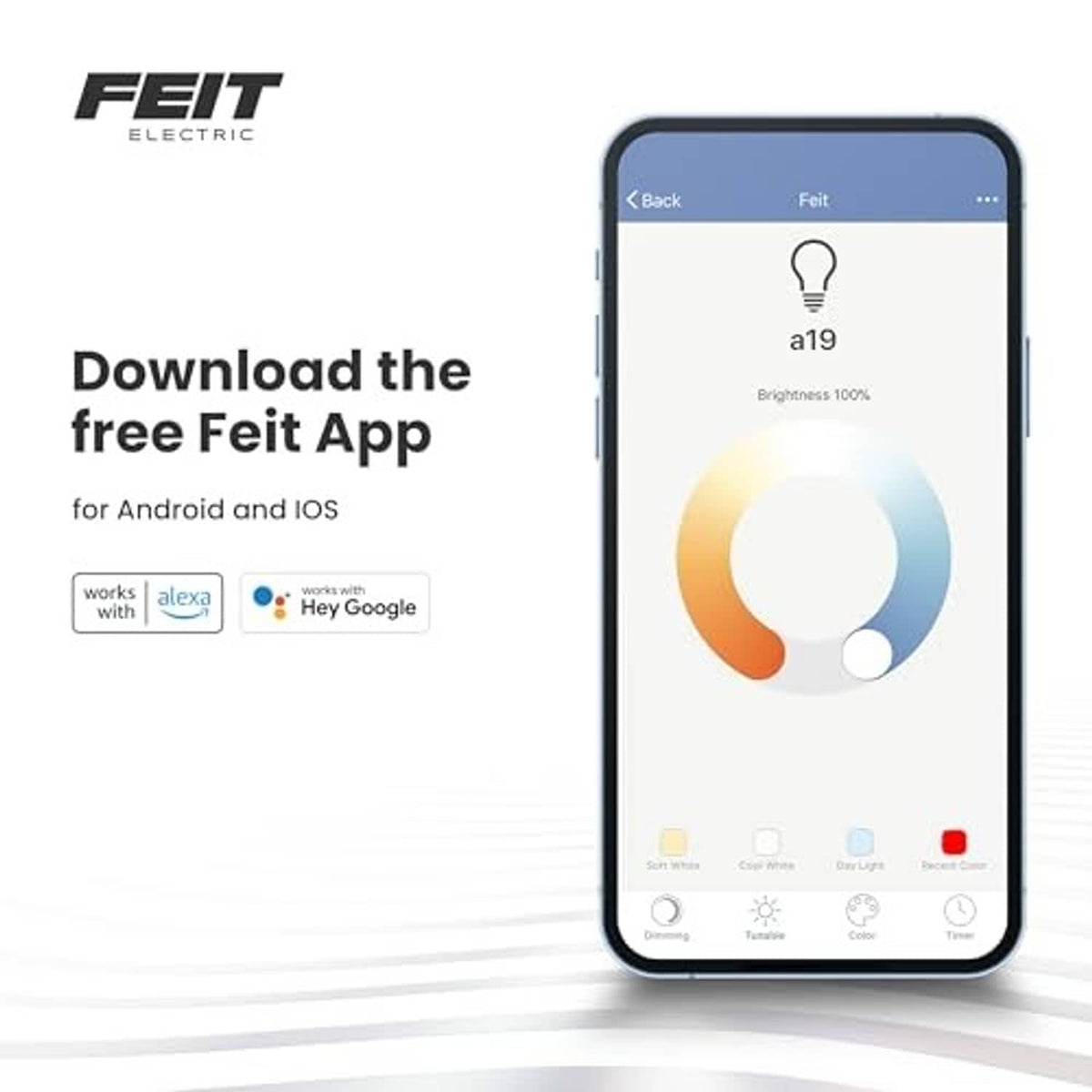 Feit Electric smart bulb app screen with brightness control and color wheel