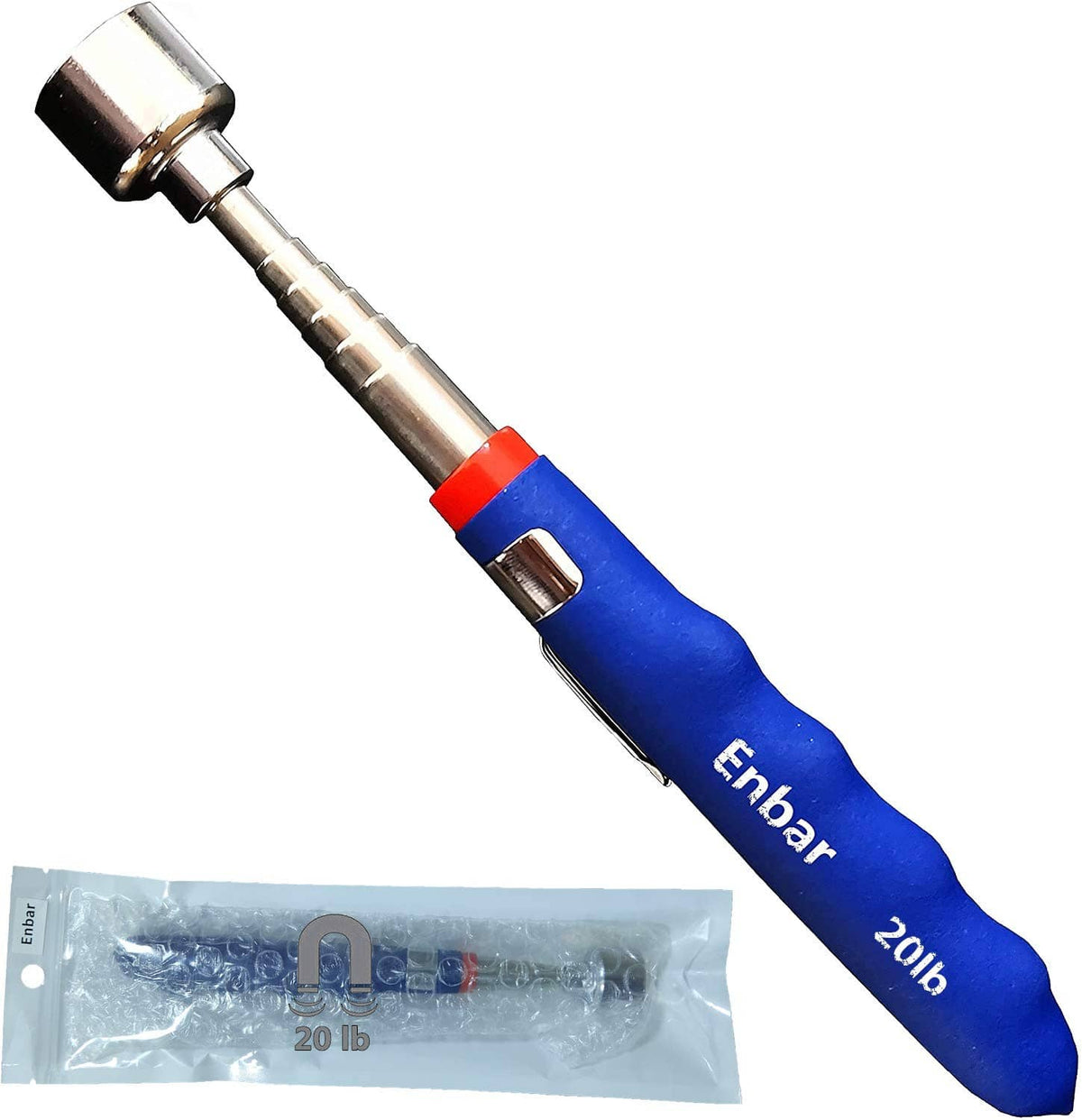 Blue magnetic telescoping pickup tool with 20 lb magnet head and extendable shaft