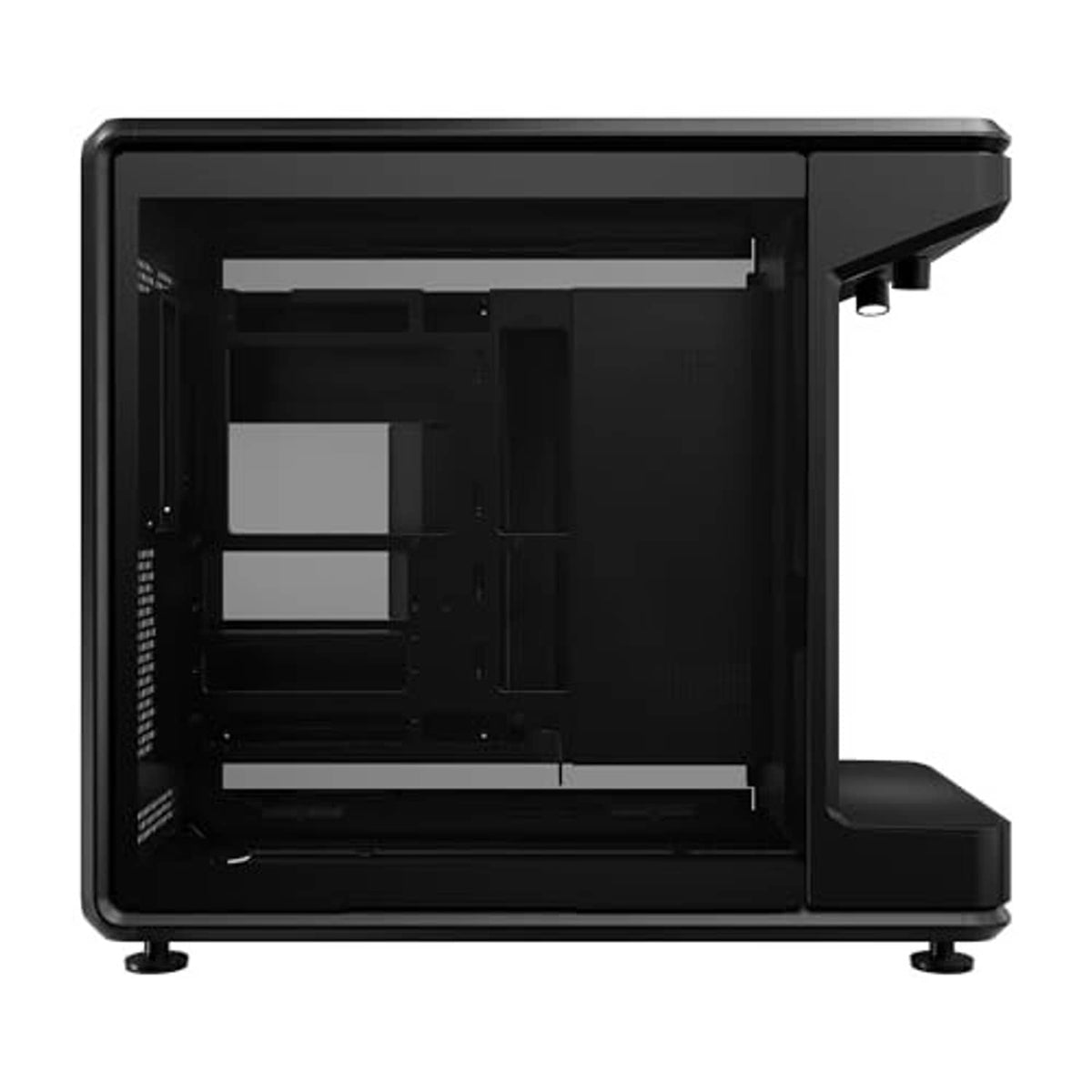 Black mid-tower PC case interior frame with mounting rails and open side panel