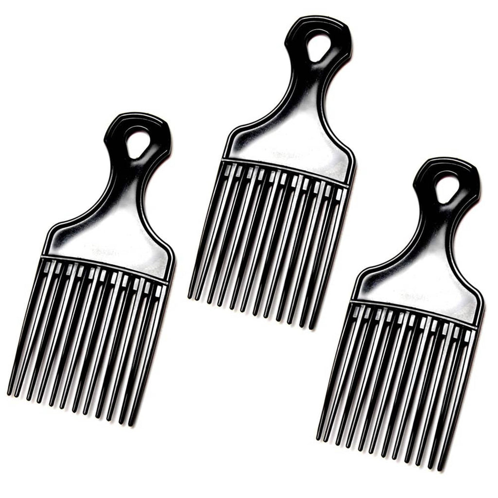 Three hair grooming combs with long handles and wide rounded teeth