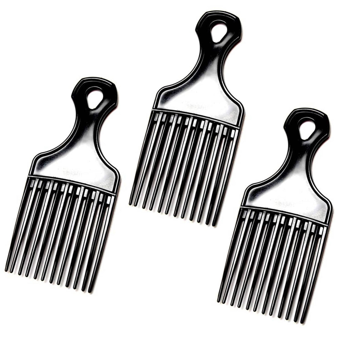 Three hair grooming combs with long handles and wide rounded teeth
