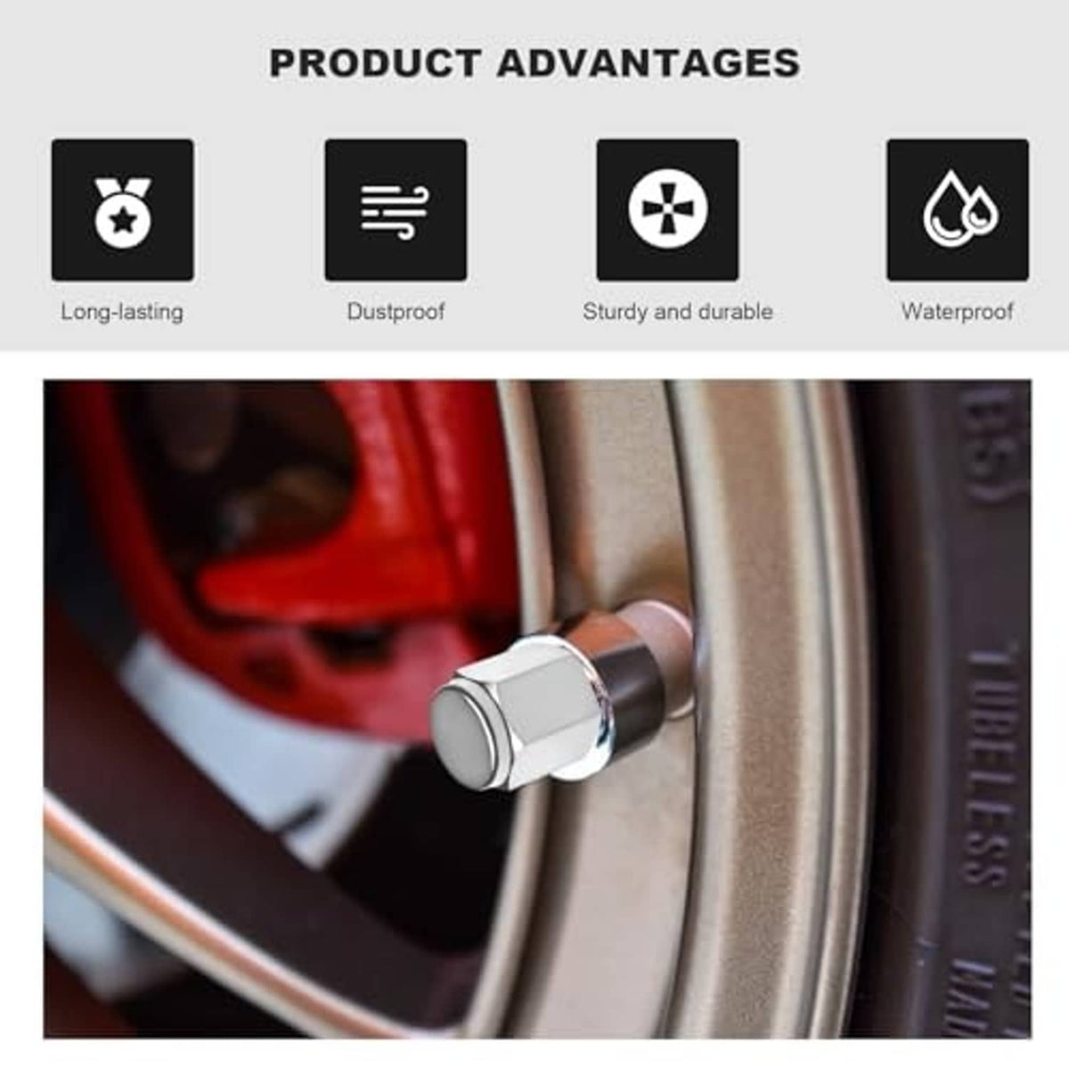 Silver tire valve stem cap installed on a wheel valve stem