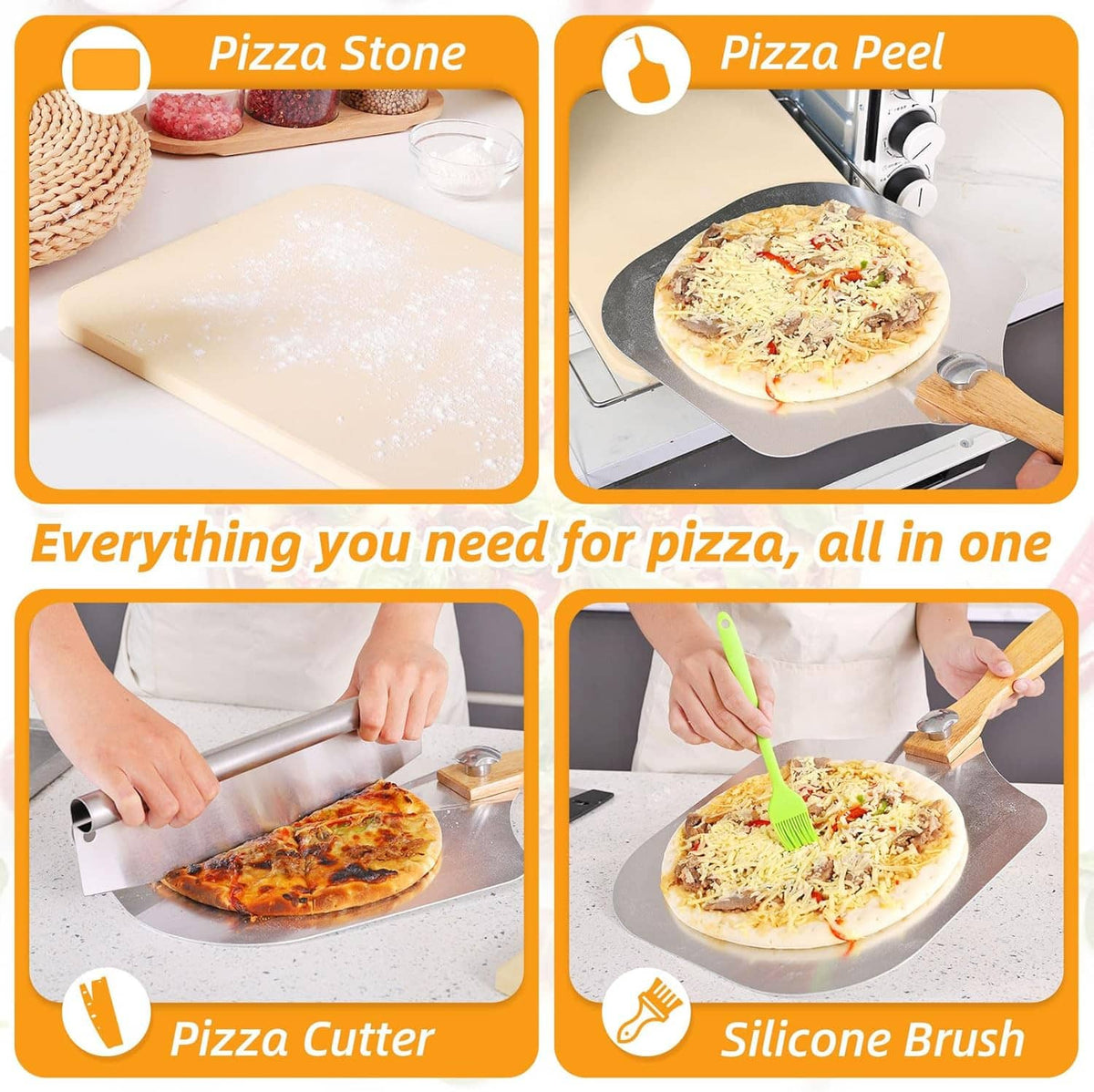 Pizza stone set with pizza peel, silicone brush, and pizza cutter accessories