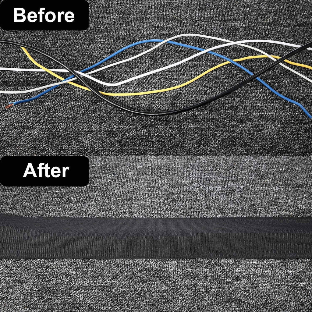 Black cable protector strip covering cords on carpet for a neat, safe cable route