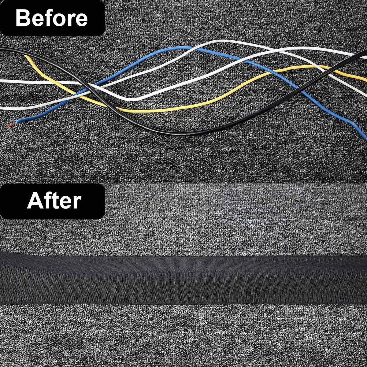 Black cable protector strip covering cords on carpet for a neat, safe cable route