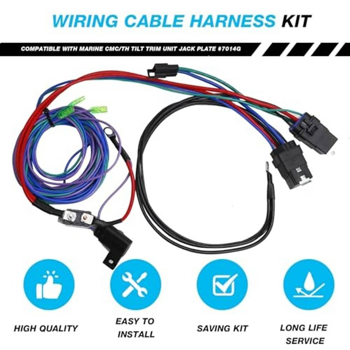 Marine wiring cable harness kit with multiple plugs, long cable, and bundled colored wires