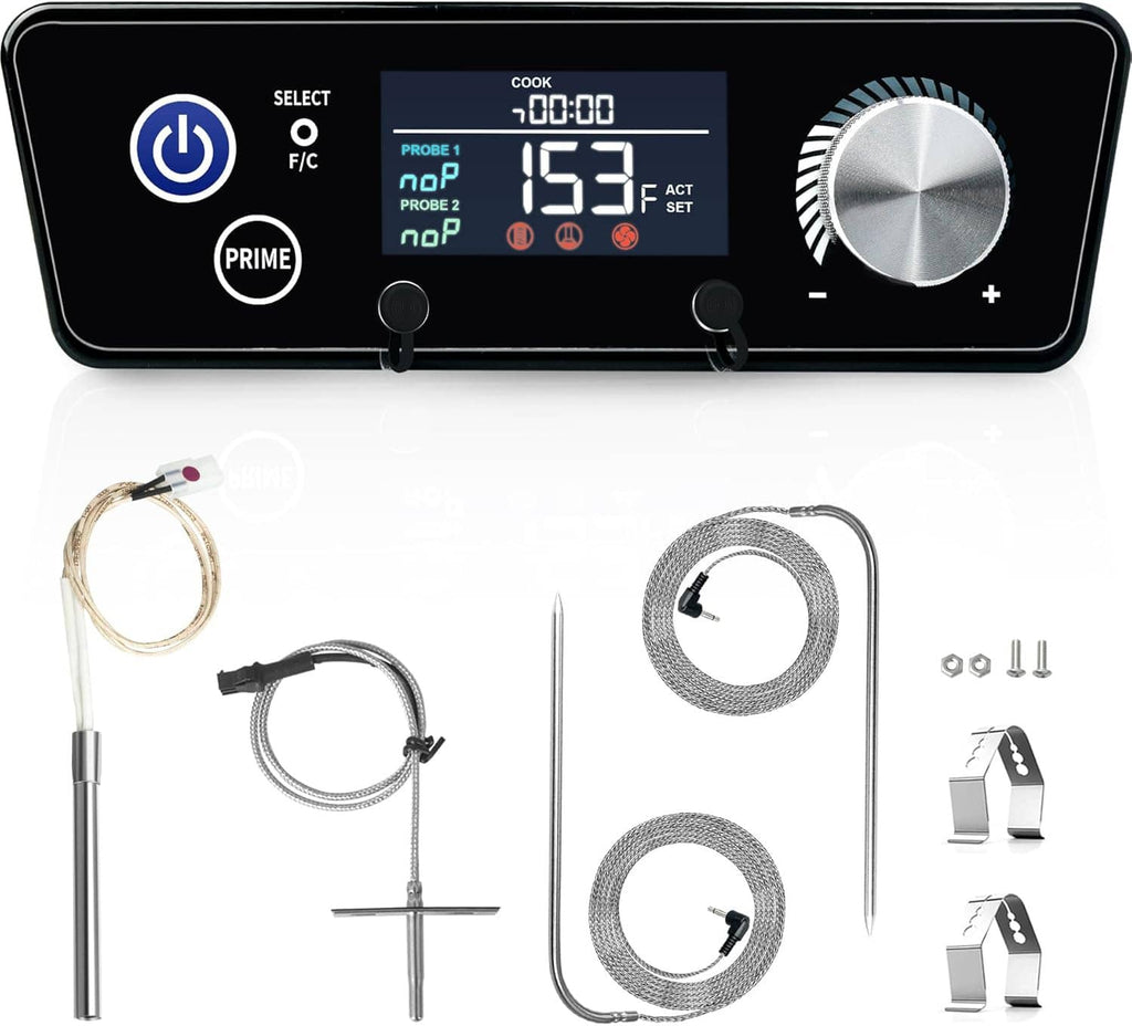 Digital PID thermostat control board with screen, dial knob, and attached probe kit