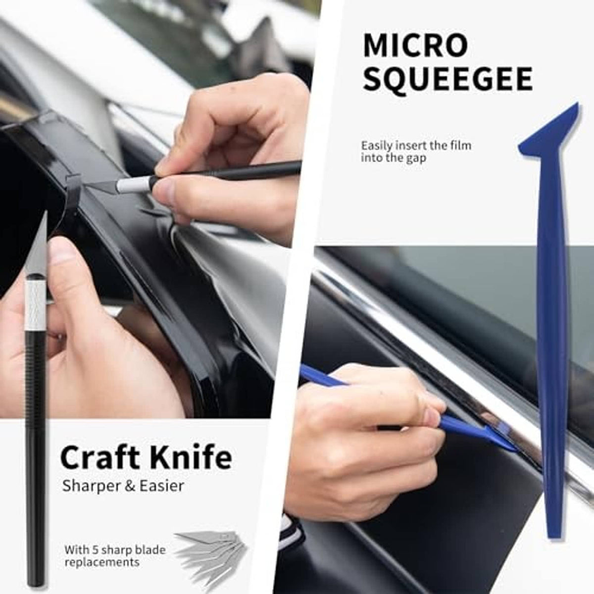 Window tint craft knife and micro squeegee for inserting and trimming film