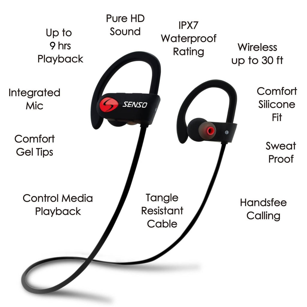 Black Bluetooth sports earbuds with mic, tangle-resistant cable and control buttons